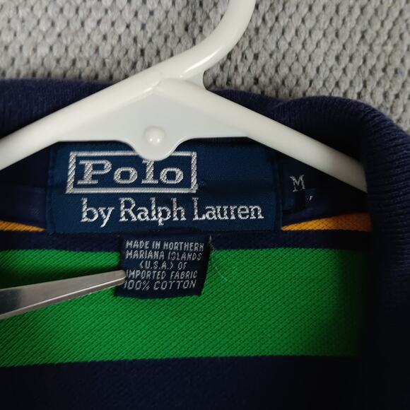 Polo Ralph Lauren Vintage Polo Shirt Men Medium Green/Blue Striped Luxury Preppy - Picture 5 of 11